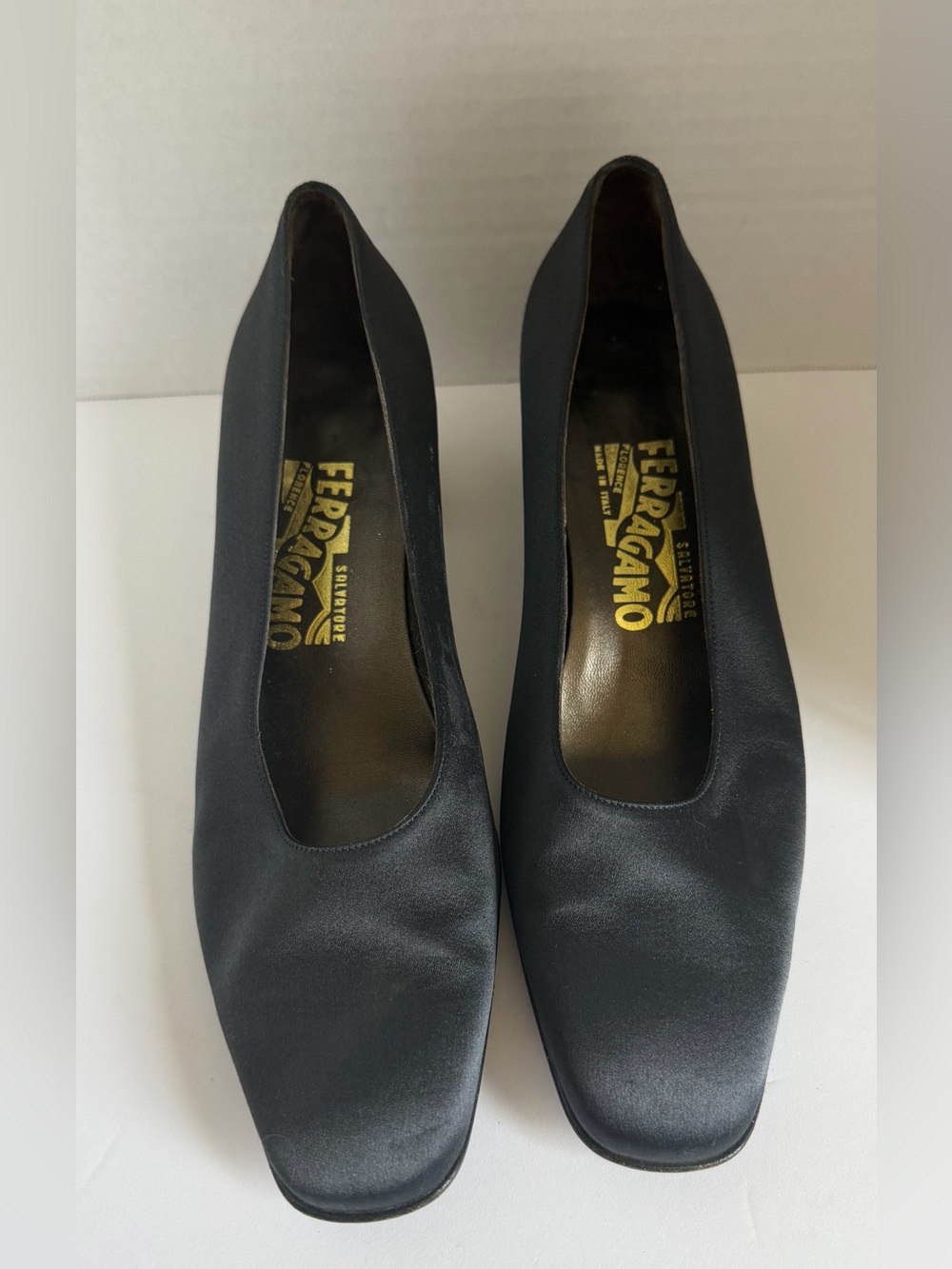 Salvatore Ferragamo Black Satin Square-Toe Pump